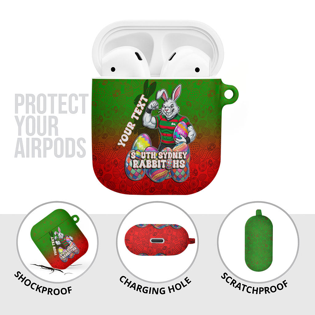 Personalized South Sydney Rabbitohs AirPods Case Easter Mascot - Colorful Eggs Cartoon Style