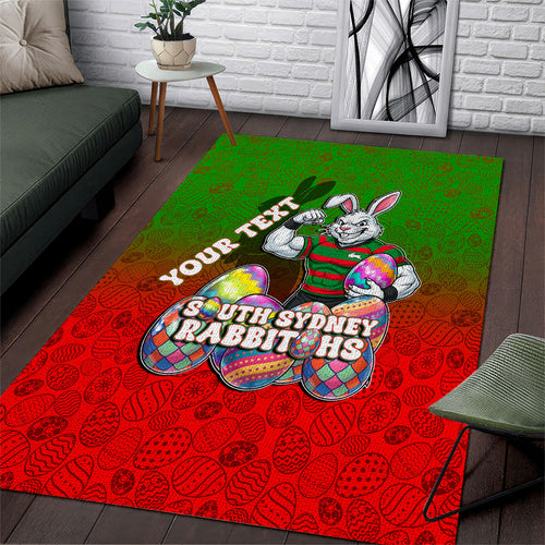 Personalized South Sydney Rabbitohs Area Rug Easter Mascot - Colorful Eggs Cartoon Style