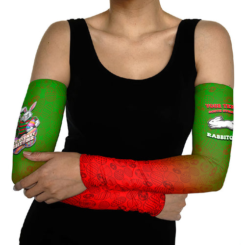 Personalized South Sydney Rabbitohs Arm Sleeves Easter Mascot - Colorful Eggs Cartoon Style