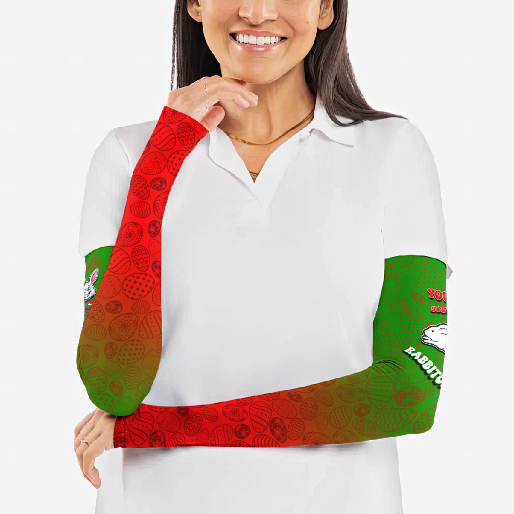 Personalized South Sydney Rabbitohs Arm Sleeves Easter Mascot - Colorful Eggs Cartoon Style