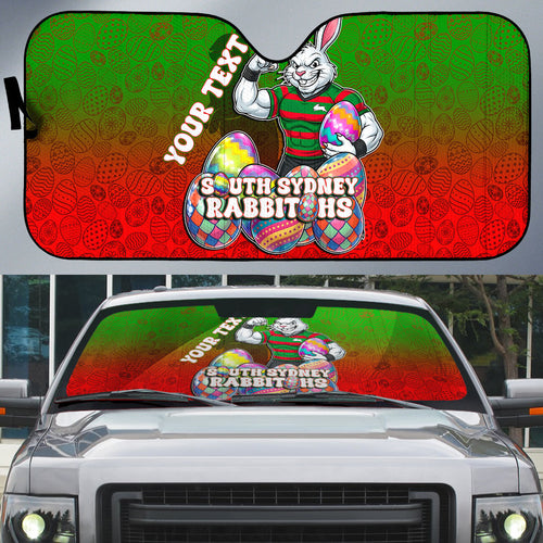 Personalized South Sydney Rabbitohs Auto Sun Shade Easter Mascot - Colorful Eggs Cartoon Style
