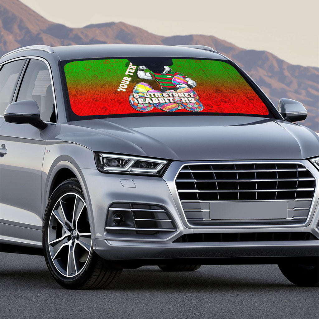 Personalized South Sydney Rabbitohs Auto Sun Shade Easter Mascot - Colorful Eggs Cartoon Style