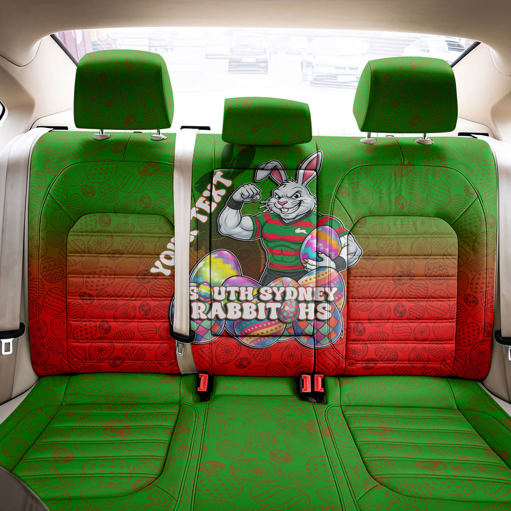 Personalized South Sydney Rabbitohs Back Car Seat Cover Easter Mascot - Colorful Eggs Cartoon Style