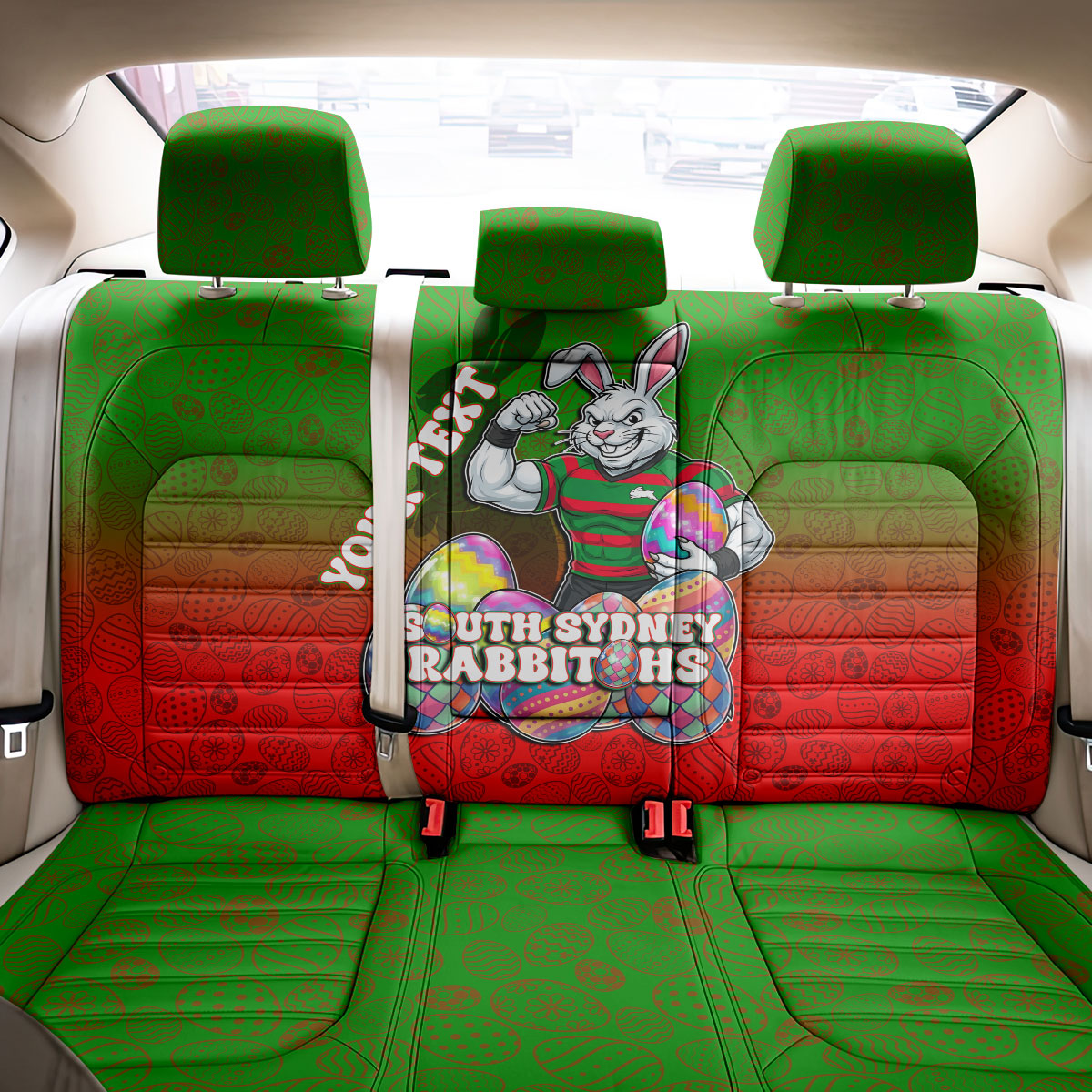 Personalized South Sydney Rabbitohs Back Car Seat Cover Easter Mascot - Colorful Eggs Cartoon Style