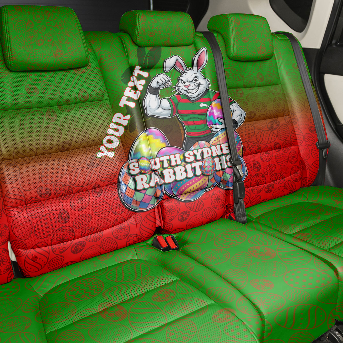 Personalized South Sydney Rabbitohs Back Car Seat Cover Easter Mascot - Colorful Eggs Cartoon Style