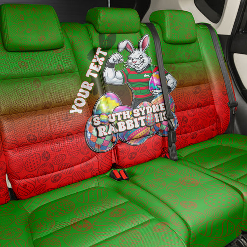 Personalized South Sydney Rabbitohs Back Car Seat Cover Easter Mascot - Colorful Eggs Cartoon Style