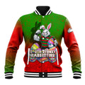 Personalized South Sydney Rabbitohs Baseball Jacket Easter Mascot - Colorful Eggs Cartoon Style