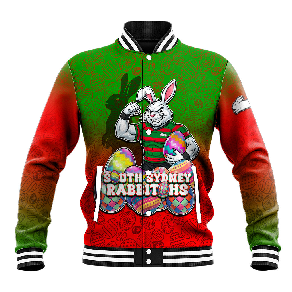 Personalized South Sydney Rabbitohs Baseball Jacket Easter Mascot - Colorful Eggs Cartoon Style