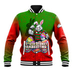 Personalized South Sydney Rabbitohs Baseball Jacket Easter Mascot - Colorful Eggs Cartoon Style