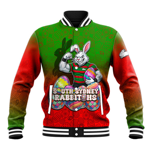 Personalized South Sydney Rabbitohs Baseball Jacket Easter Mascot - Colorful Eggs Cartoon Style