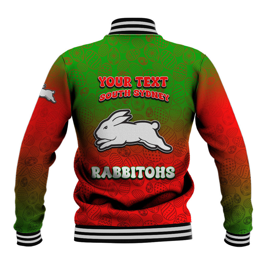 Personalized South Sydney Rabbitohs Baseball Jacket Easter Mascot - Colorful Eggs Cartoon Style