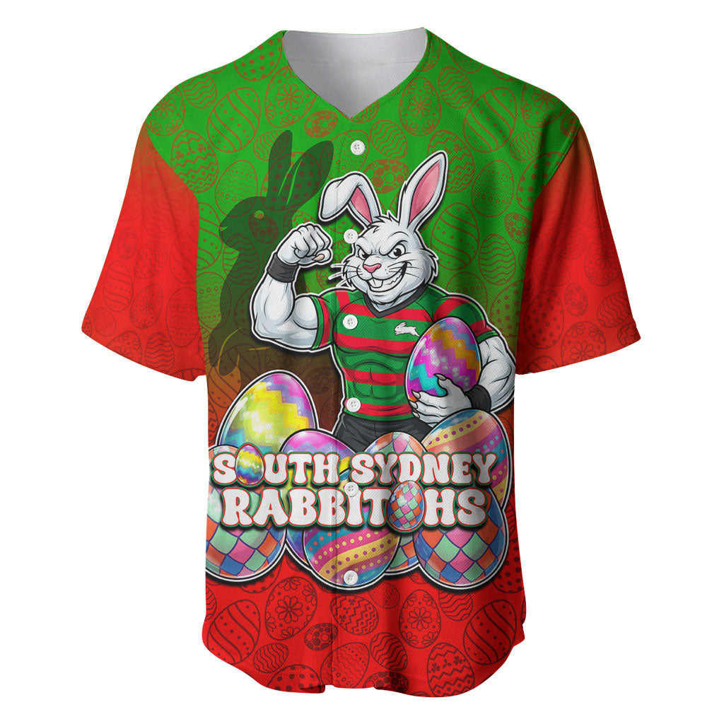 Personalized South Sydney Rabbitohs Baseball Jersey Easter Mascot - Colorful Eggs Cartoon Style