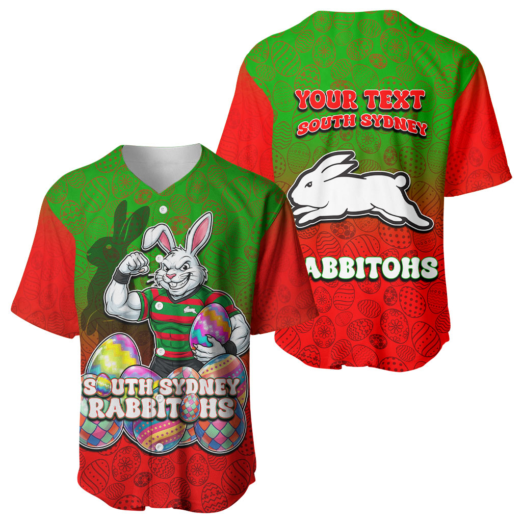 Personalized South Sydney Rabbitohs Baseball Jersey Easter Mascot - Colorful Eggs Cartoon Style
