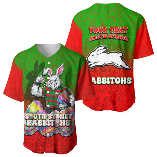 Personalized South Sydney Rabbitohs Baseball Jersey Easter Mascot - Colorful Eggs Cartoon Style