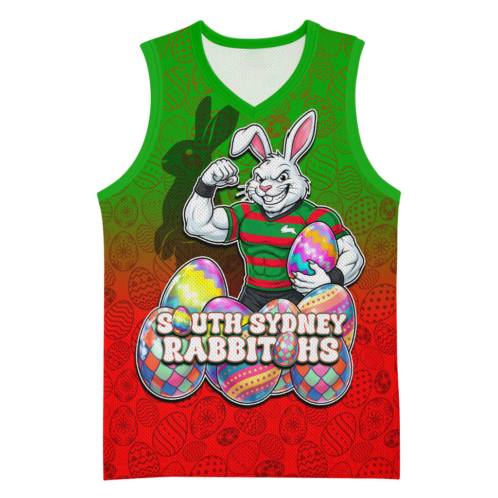 Personalized South Sydney Rabbitohs Basketball Jersey Easter Mascot - Colorful Eggs Cartoon Style