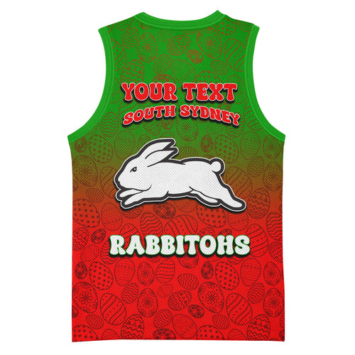 Personalized South Sydney Rabbitohs Basketball Jersey Easter Mascot - Colorful Eggs Cartoon Style