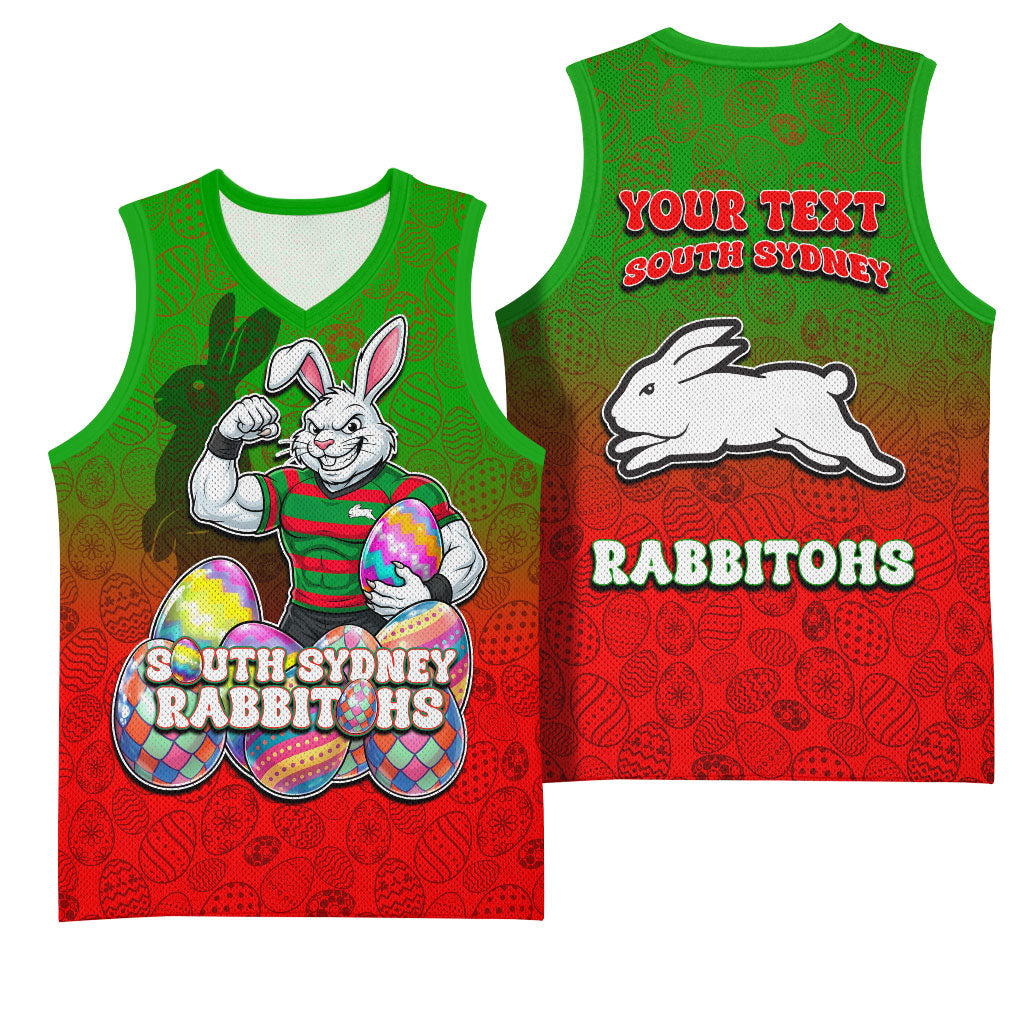 Personalized South Sydney Rabbitohs Basketball Jersey Easter Mascot - Colorful Eggs Cartoon Style