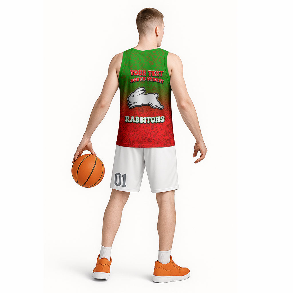Personalized South Sydney Rabbitohs Basketball Jersey Easter Mascot - Colorful Eggs Cartoon Style