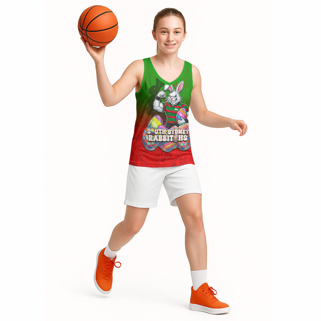 Personalized South Sydney Rabbitohs Basketball Jersey Easter Mascot - Colorful Eggs Cartoon Style