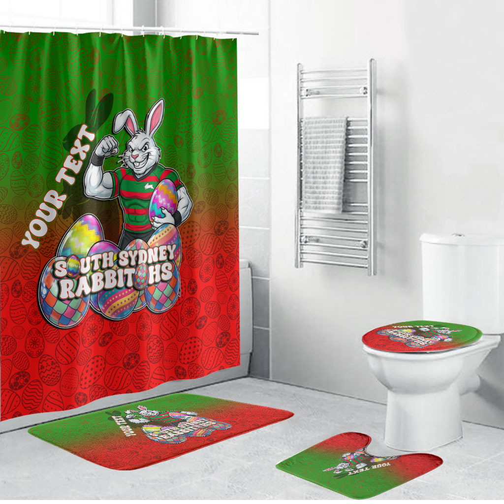 Personalized South Sydney Rabbitohs Bathroom Set Easter Mascot - Colorful Eggs Cartoon Style