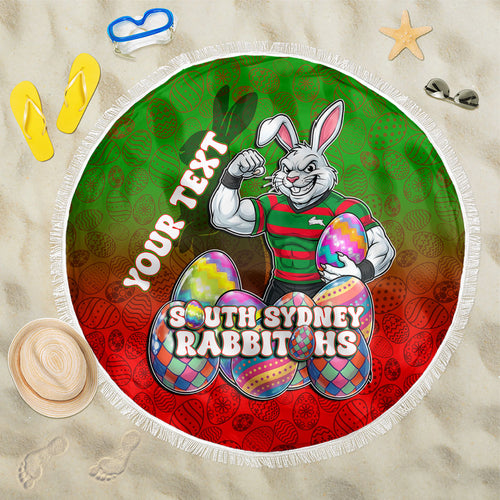 Personalized South Sydney Rabbitohs Beach Blanket Easter Mascot - Colorful Eggs Cartoon Style