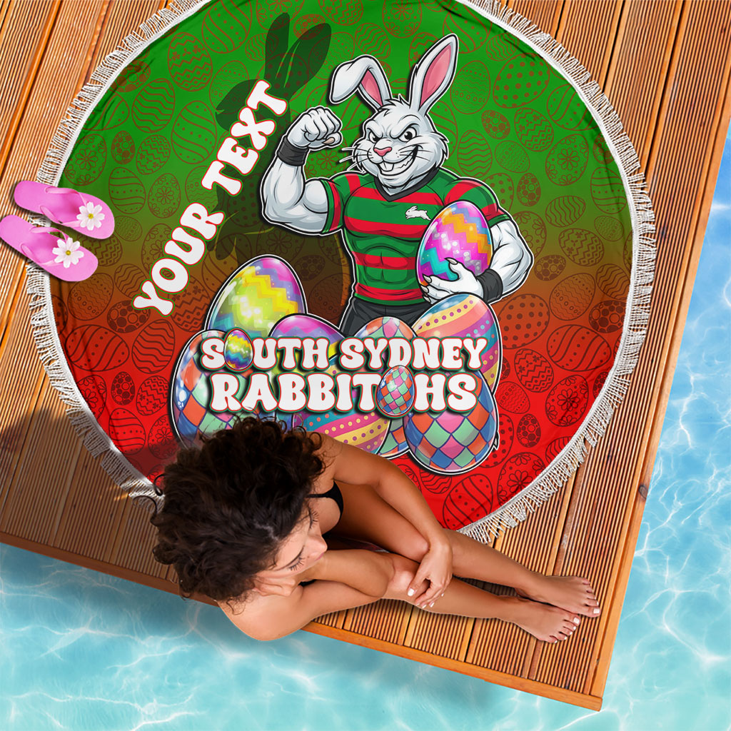 Personalized South Sydney Rabbitohs Beach Blanket Easter Mascot - Colorful Eggs Cartoon Style
