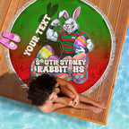 Personalized South Sydney Rabbitohs Beach Blanket Easter Mascot - Colorful Eggs Cartoon Style