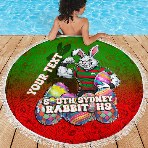 Personalized South Sydney Rabbitohs Beach Blanket Easter Mascot - Colorful Eggs Cartoon Style