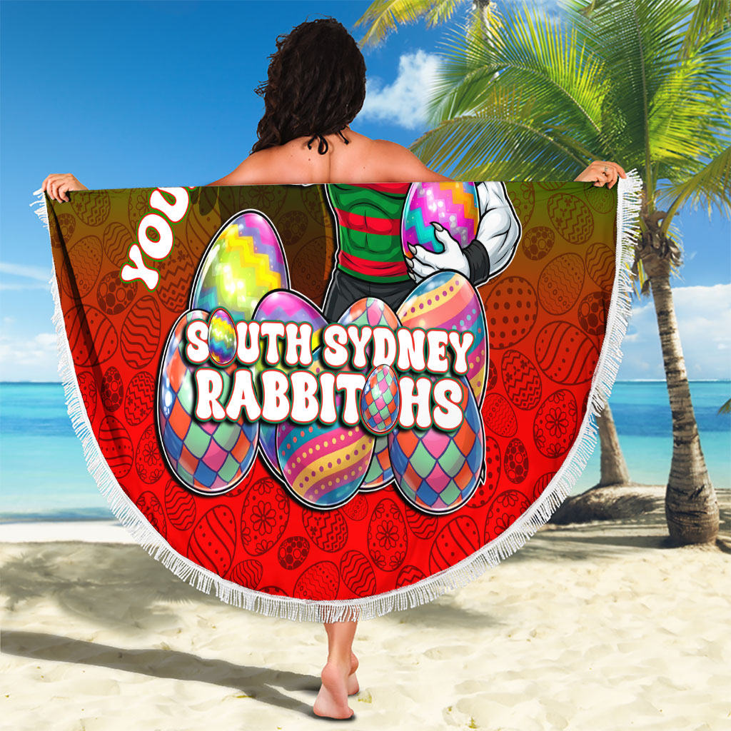 Personalized South Sydney Rabbitohs Beach Blanket Easter Mascot - Colorful Eggs Cartoon Style