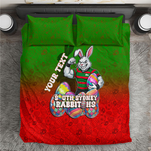 Personalized South Sydney Rabbitohs Bedding Set Easter Mascot - Colorful Eggs Cartoon Style
