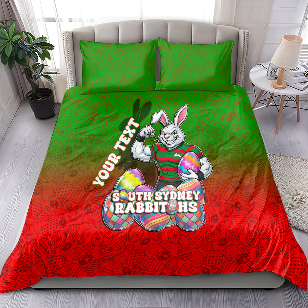 Personalized South Sydney Rabbitohs Bedding Set Easter Mascot - Colorful Eggs Cartoon Style