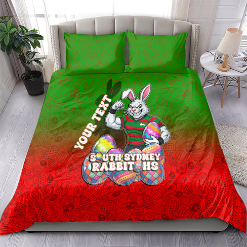 Personalized South Sydney Rabbitohs Bedding Set Easter Mascot - Colorful Eggs Cartoon Style