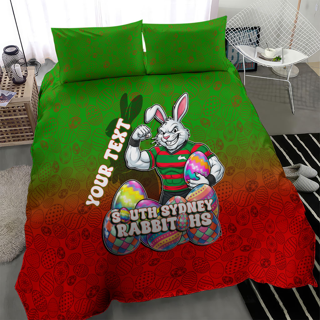 Personalized South Sydney Rabbitohs Bedding Set Easter Mascot - Colorful Eggs Cartoon Style