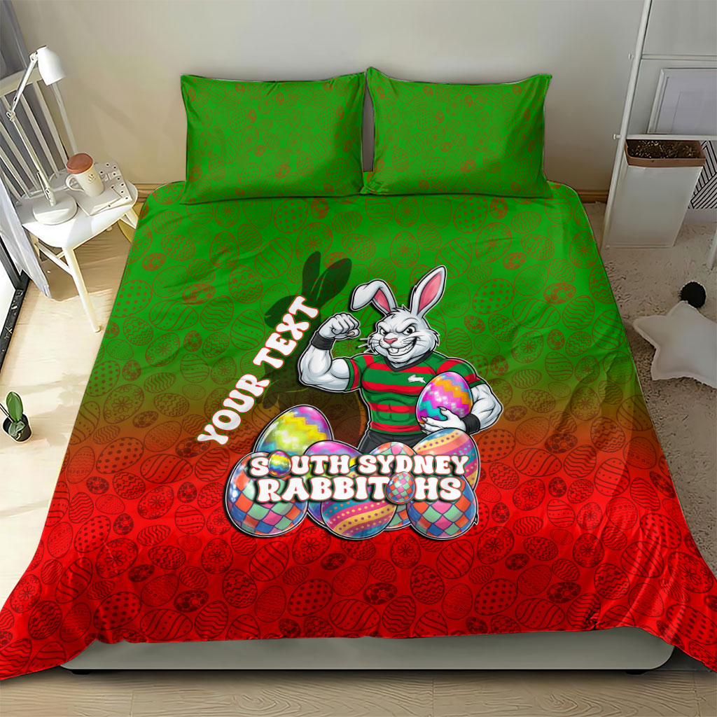 Personalized South Sydney Rabbitohs Bedding Set Easter Mascot - Colorful Eggs Cartoon Style