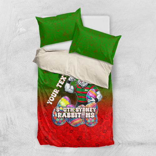 Personalized South Sydney Rabbitohs Bedding Set Easter Mascot - Colorful Eggs Cartoon Style