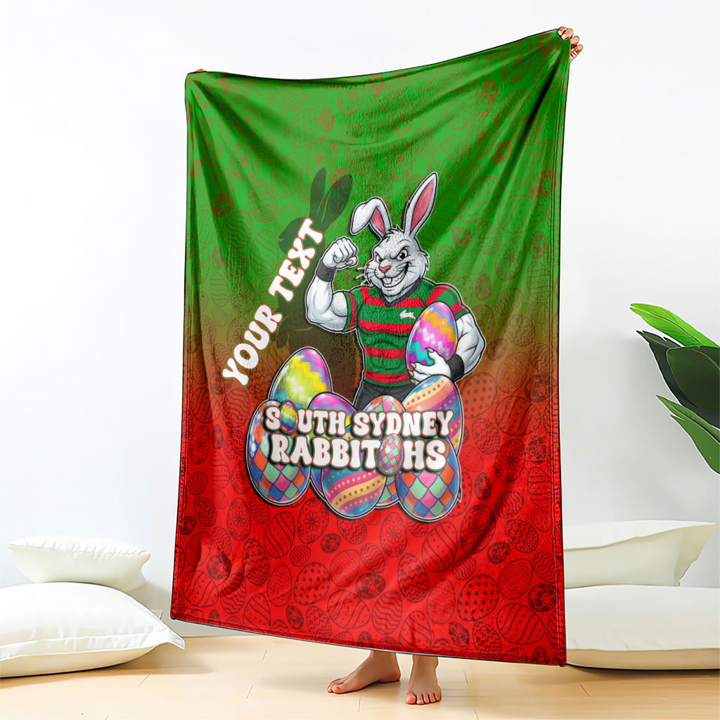 Personalized South Sydney Rabbitohs Blanket Easter Mascot - Colorful Eggs Cartoon Style