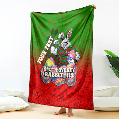 Personalized South Sydney Rabbitohs Blanket Easter Mascot - Colorful Eggs Cartoon Style