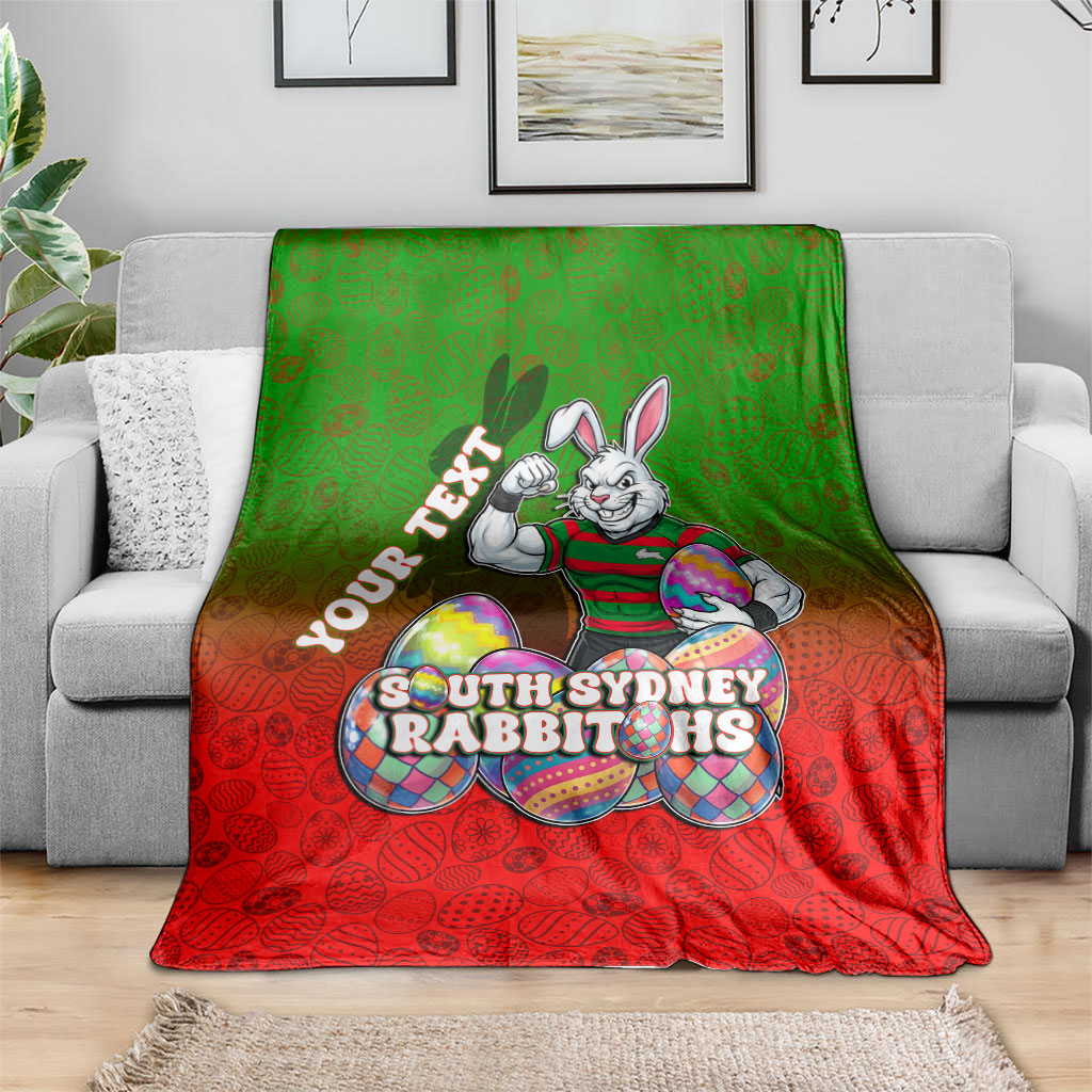 Personalized South Sydney Rabbitohs Blanket Easter Mascot - Colorful Eggs Cartoon Style