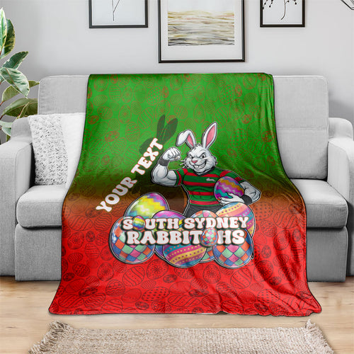 Personalized South Sydney Rabbitohs Blanket Easter Mascot - Colorful Eggs Cartoon Style