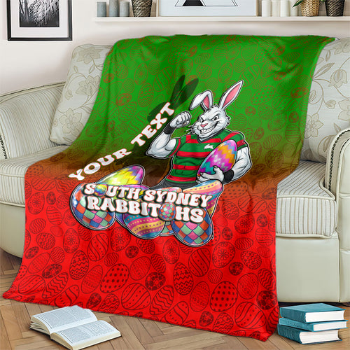 Personalized South Sydney Rabbitohs Blanket Easter Mascot - Colorful Eggs Cartoon Style
