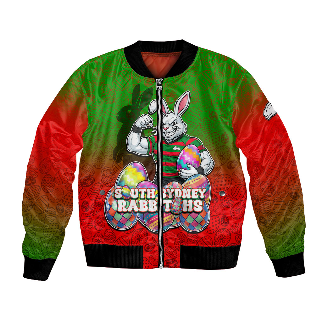 Personalized South Sydney Rabbitohs Bomber Jacket Easter Mascot - Colorful Eggs Cartoon Style