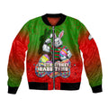 Personalized South Sydney Rabbitohs Bomber Jacket Easter Mascot - Colorful Eggs Cartoon Style