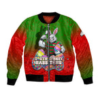 Personalized South Sydney Rabbitohs Bomber Jacket Easter Mascot - Colorful Eggs Cartoon Style