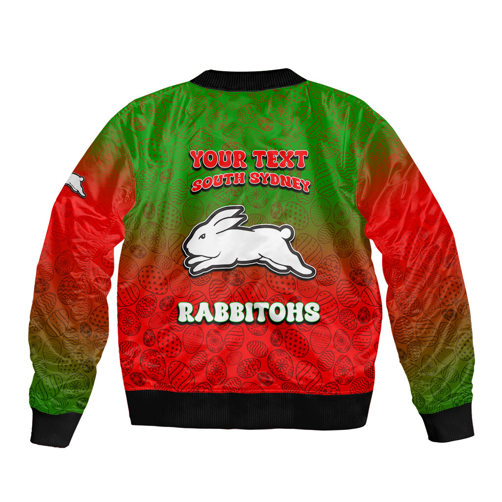 Personalized South Sydney Rabbitohs Bomber Jacket Easter Mascot - Colorful Eggs Cartoon Style