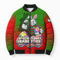 Personalized South Sydney Rabbitohs Bomber Puffer Jacket Easter Mascot - Colorful Eggs Cartoon Style
