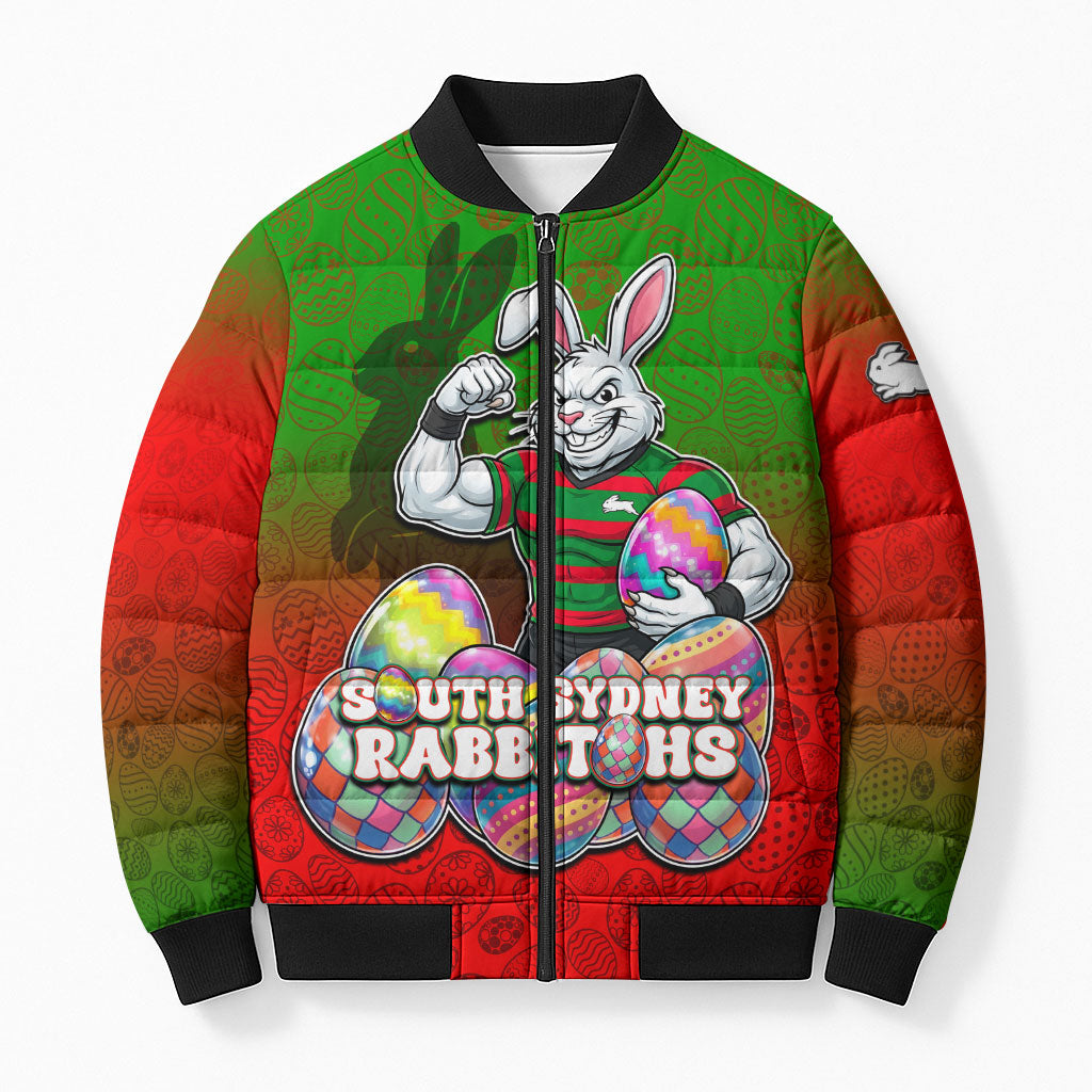 Personalized South Sydney Rabbitohs Bomber Puffer Jacket Easter Mascot - Colorful Eggs Cartoon Style