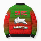 Personalized South Sydney Rabbitohs Bomber Puffer Jacket Easter Mascot - Colorful Eggs Cartoon Style