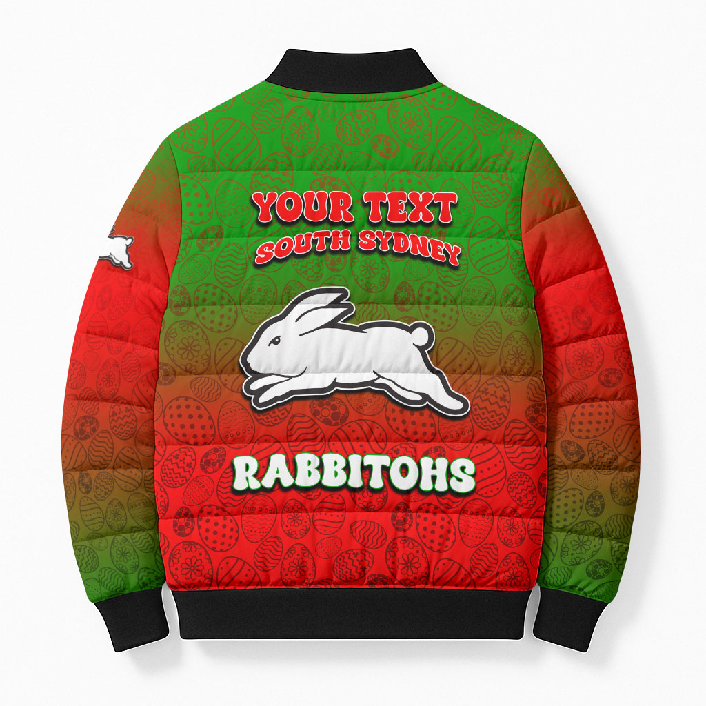 Personalized South Sydney Rabbitohs Bomber Puffer Jacket Easter Mascot - Colorful Eggs Cartoon Style