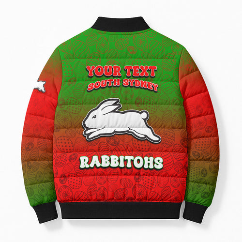Personalized South Sydney Rabbitohs Bomber Puffer Jacket Easter Mascot - Colorful Eggs Cartoon Style