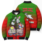 Personalized South Sydney Rabbitohs Bomber Puffer Jacket Easter Mascot - Colorful Eggs Cartoon Style